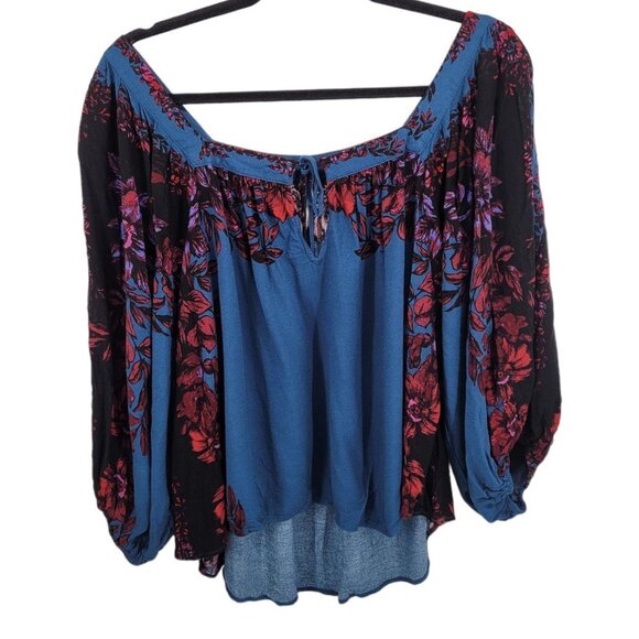 Free people womens medium blue wild memories blouse square neck boho peasant - Picture 1 of 9